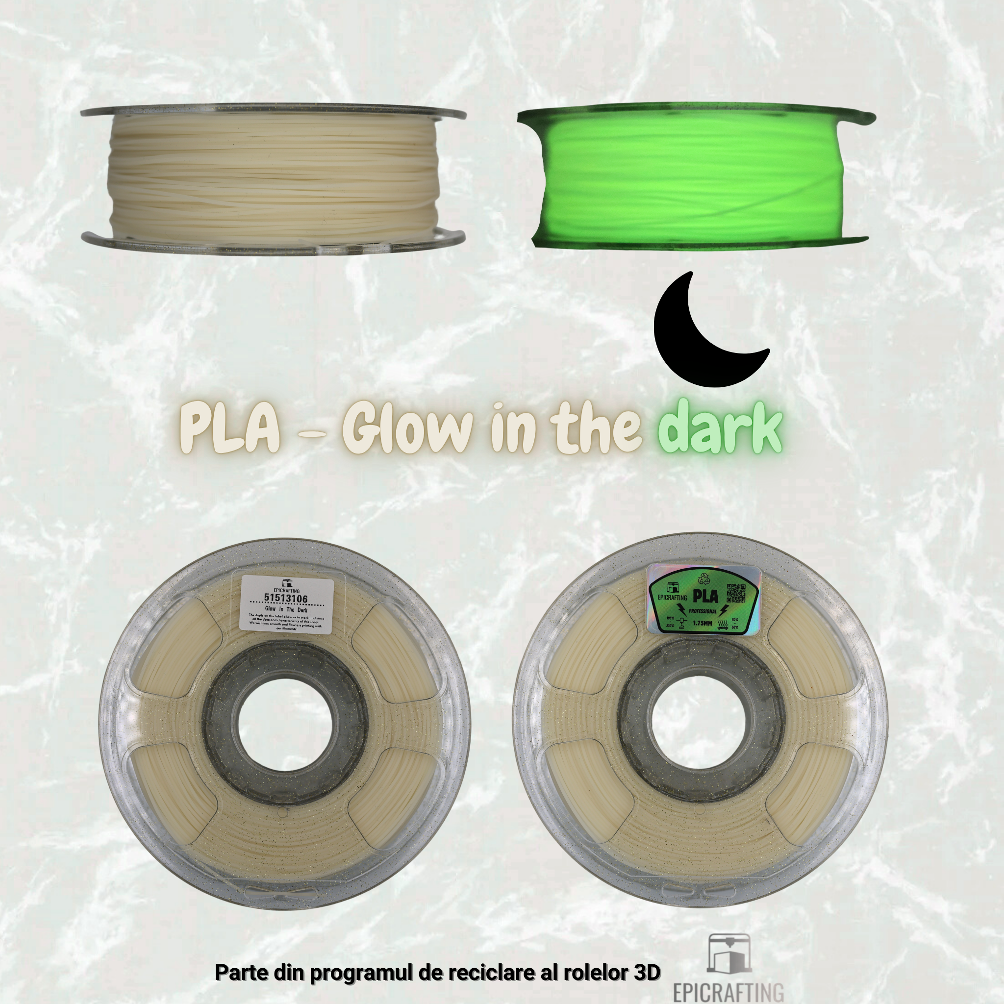 Filament 3D - PLA GLOW IN DARK / LUMINEAZA IN INTUNERIC / FOSFOR